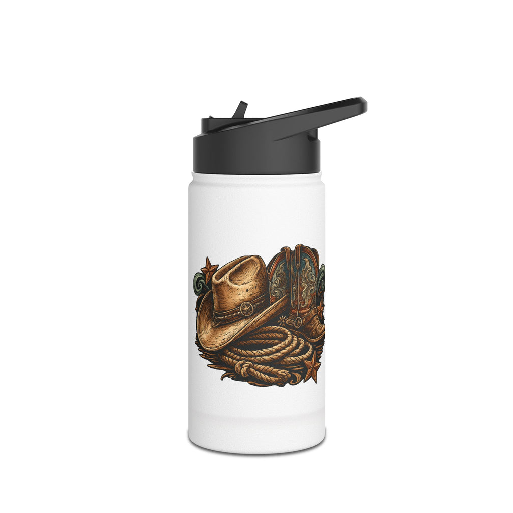 White water bottle with cowboy hat and lasso design on a white background