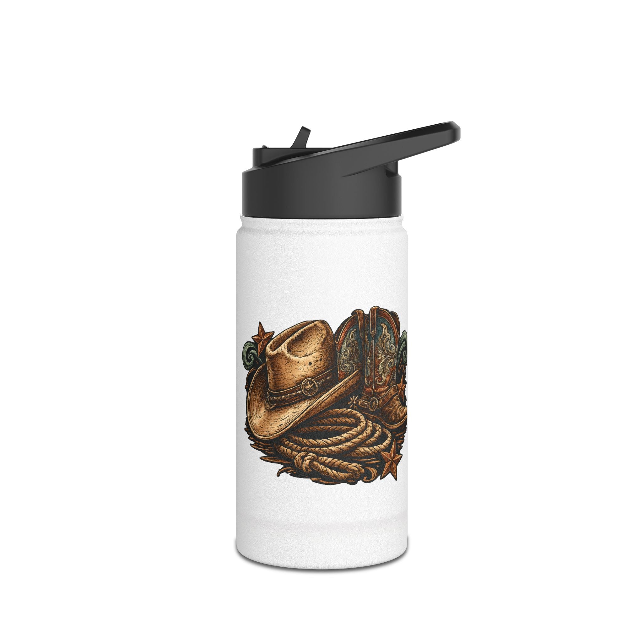 White water bottle with cowboy hat and lasso design on a white background