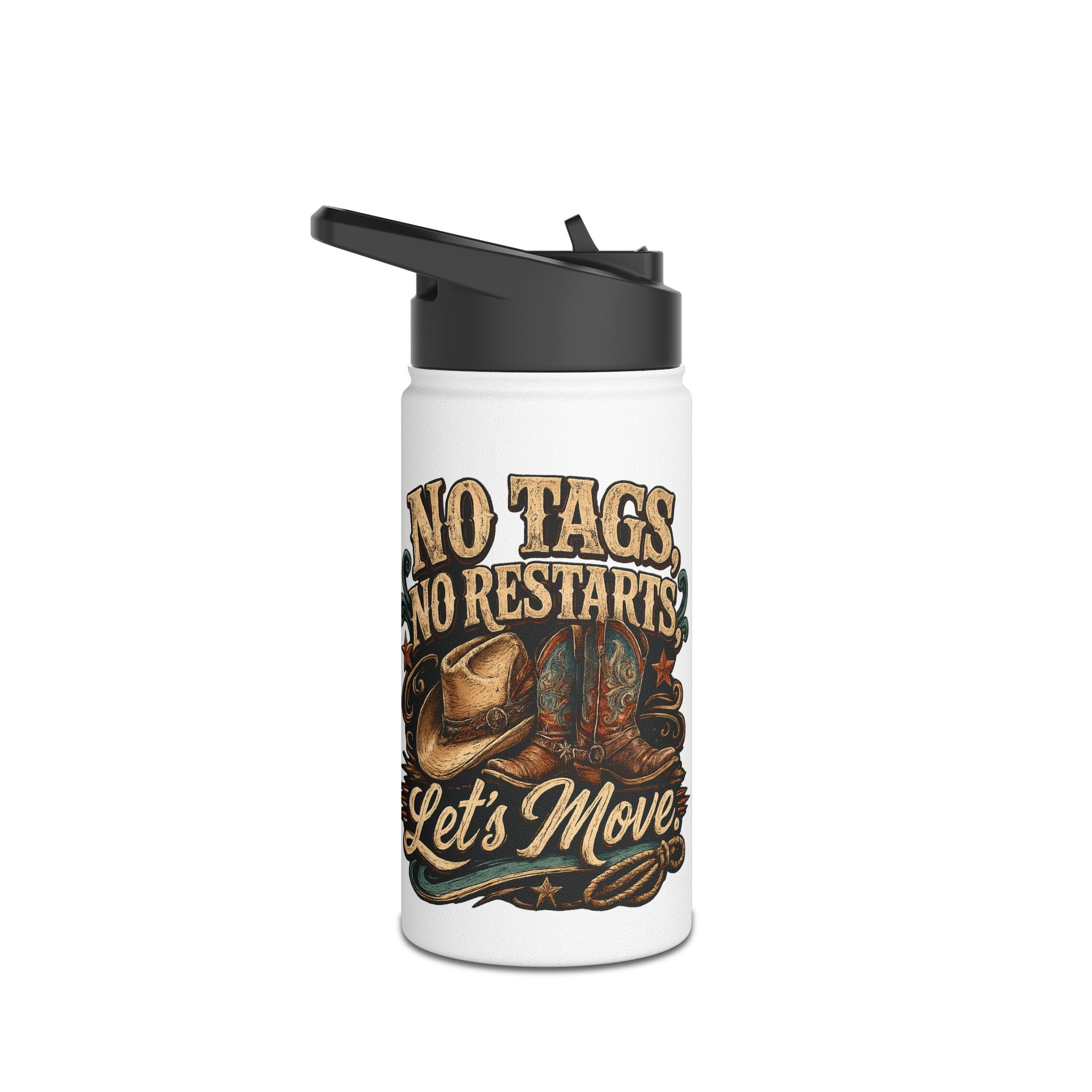 White water bottle with cowboy-themed design and text on a white background