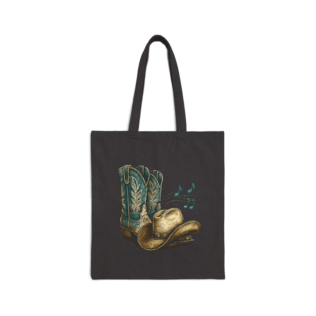 Black tote bag with cowboy boots and hat design on a white background