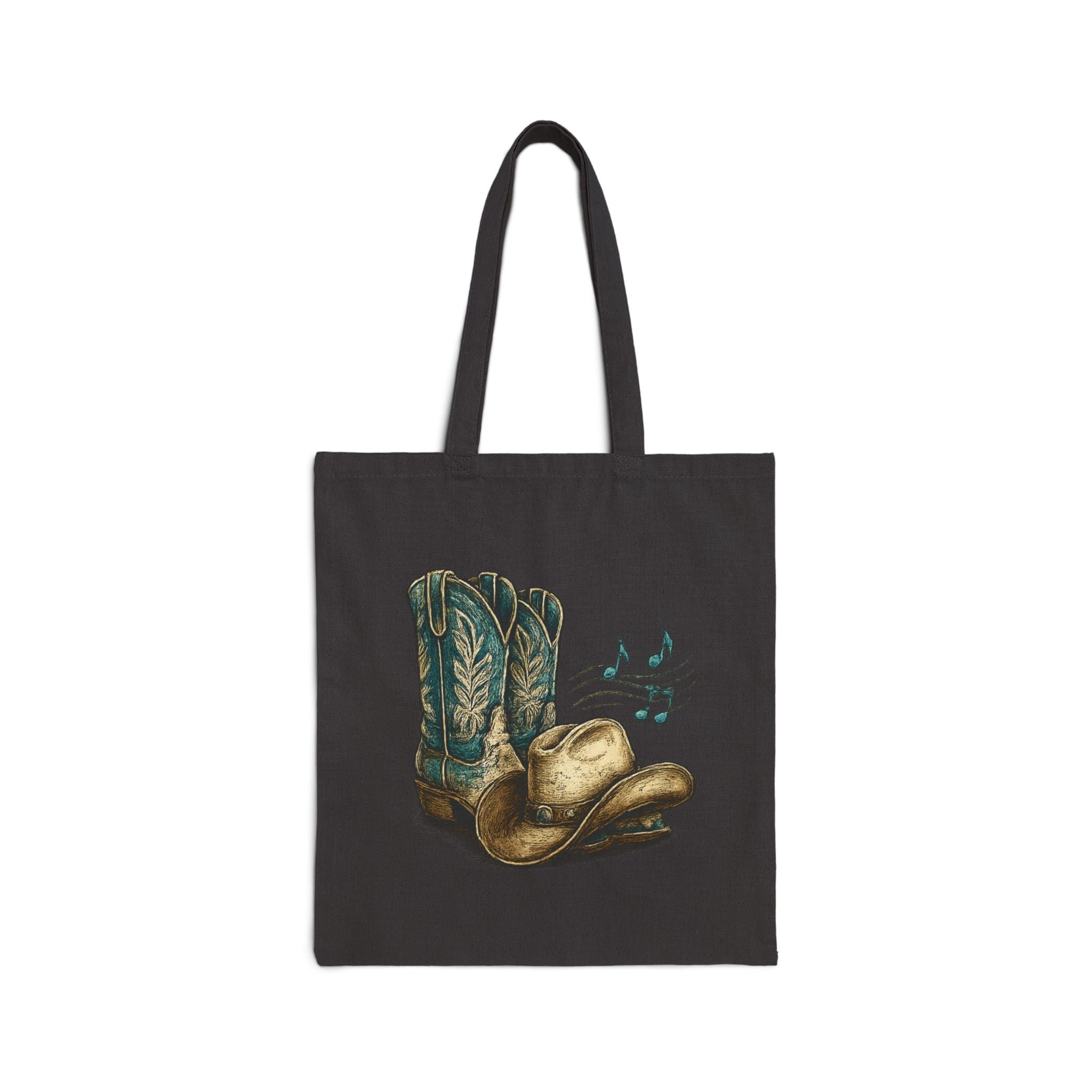 Black tote bag with cowboy boots and hat design on a white background