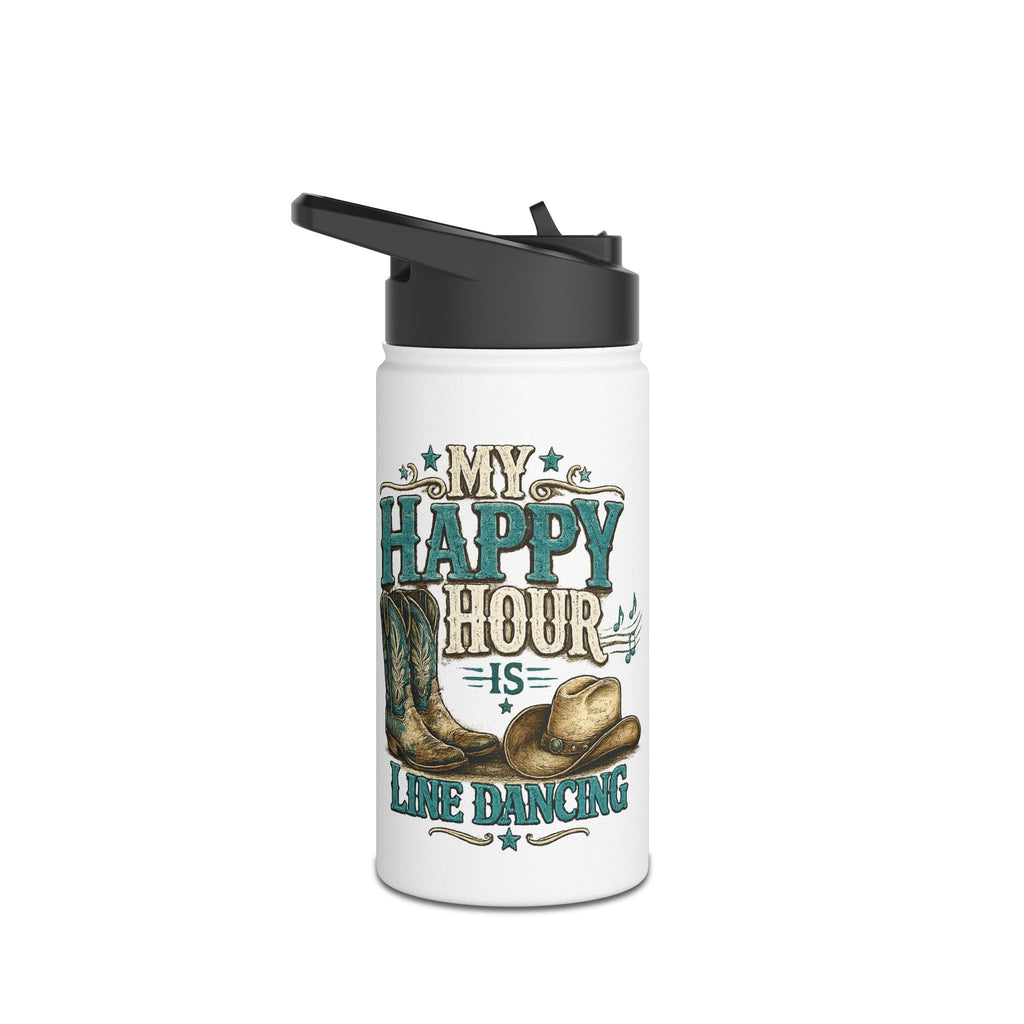 White water bottle with cowboy hat and boots design and text on a white background