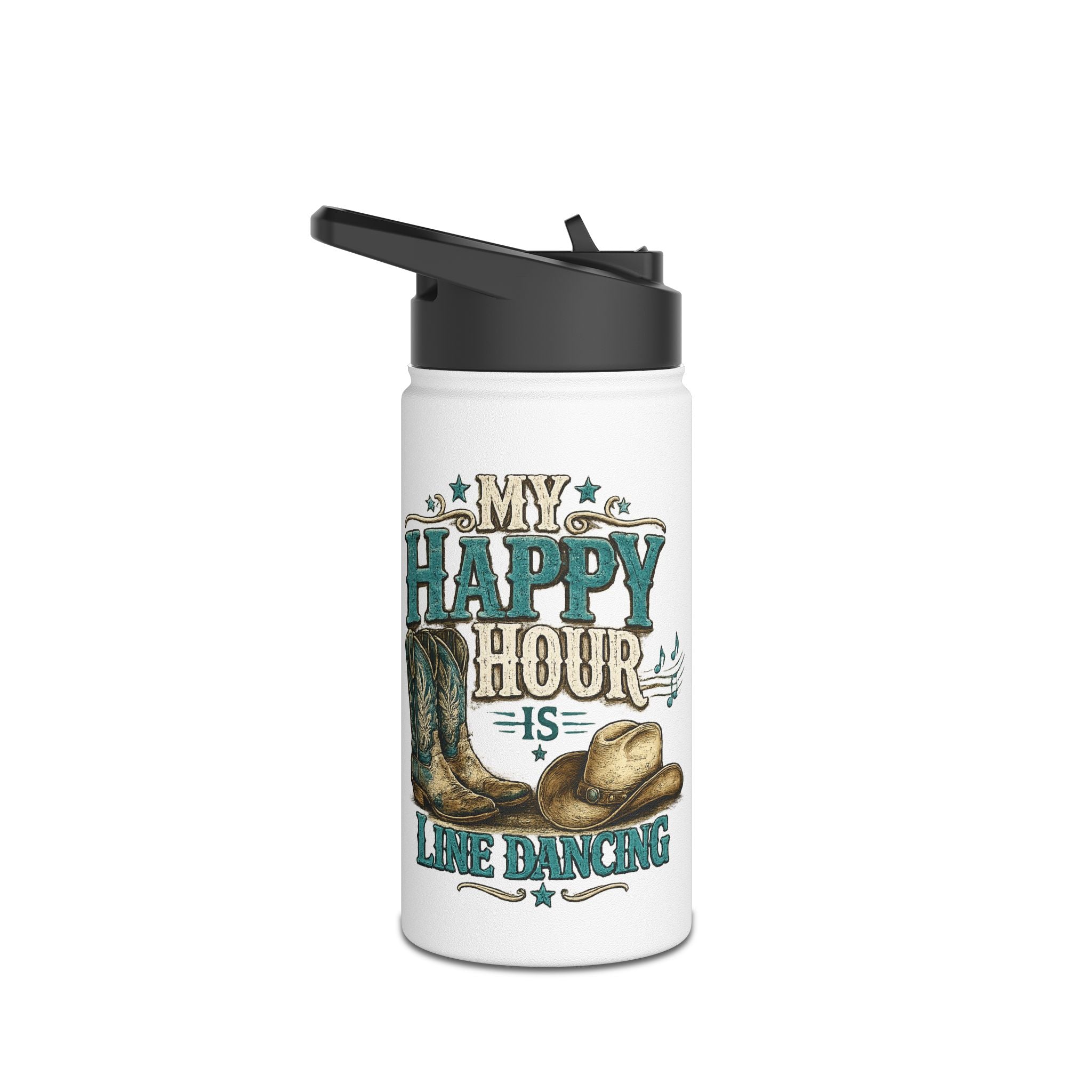 White water bottle with cowboy hat and boots design and text on a white background