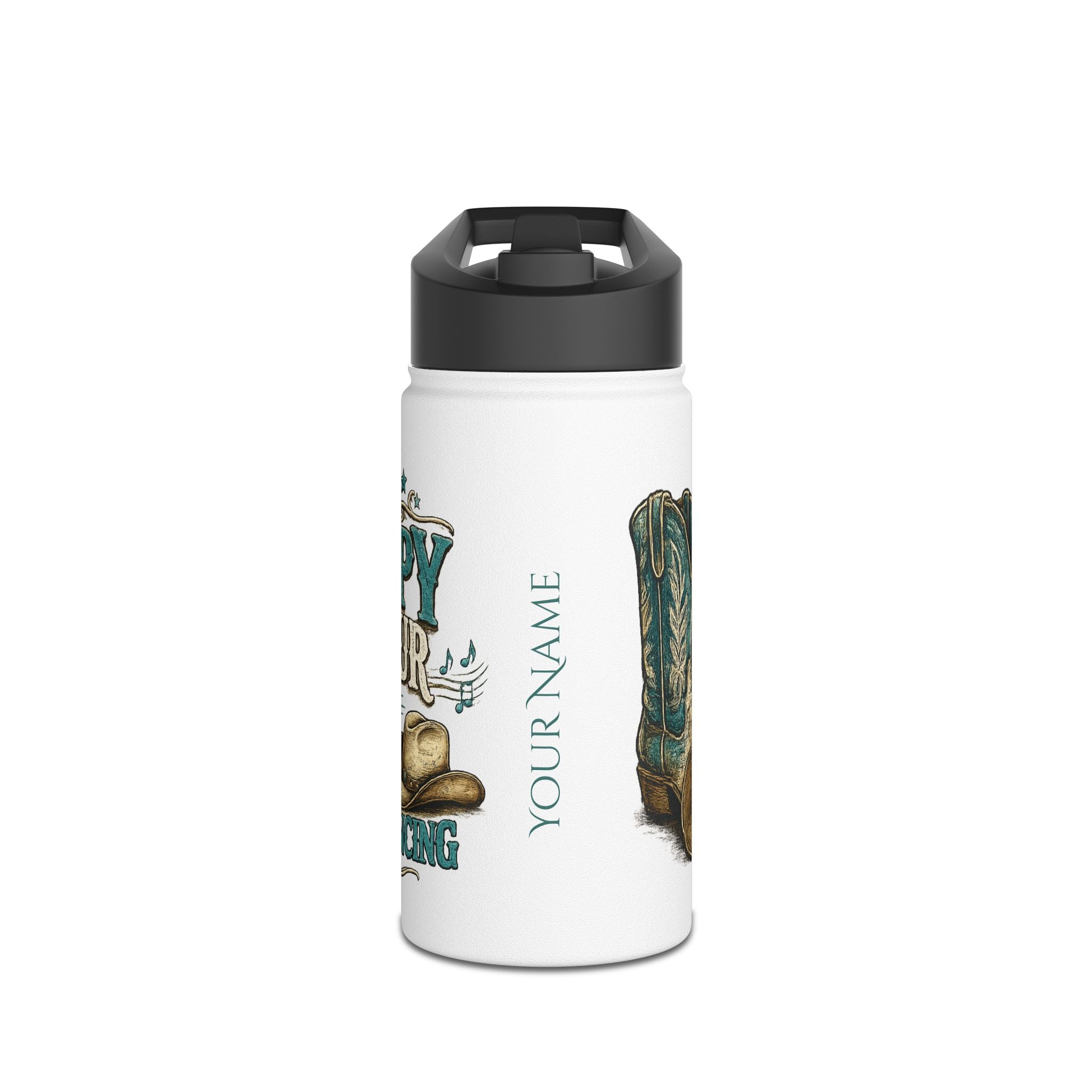 White water bottle with cowboy design and customizable text on a white background