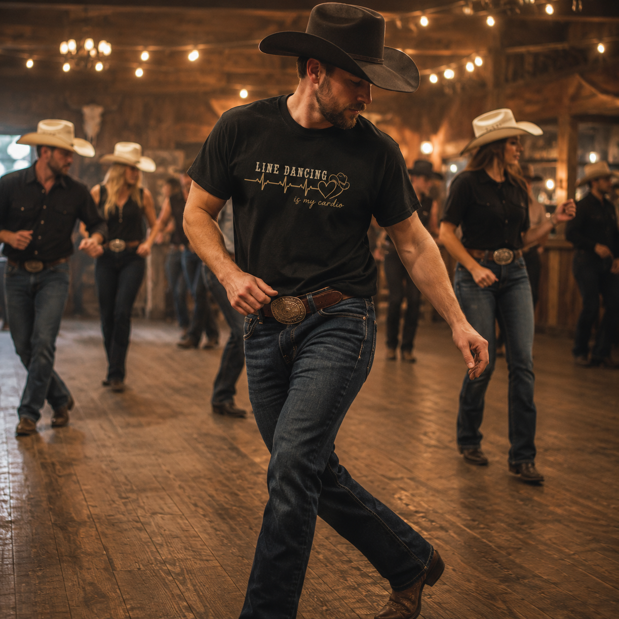 Man in cowboy hat and black t-shirt dancing in a rustic indoor setting with other dancers.