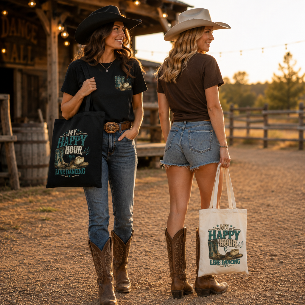 My Happy Hour Is Line Dancing Tote Bag | Western Canvas Tote | Country Dance Bag | Cowgirl Boots & Hat Market Tote | Step Culture Collective