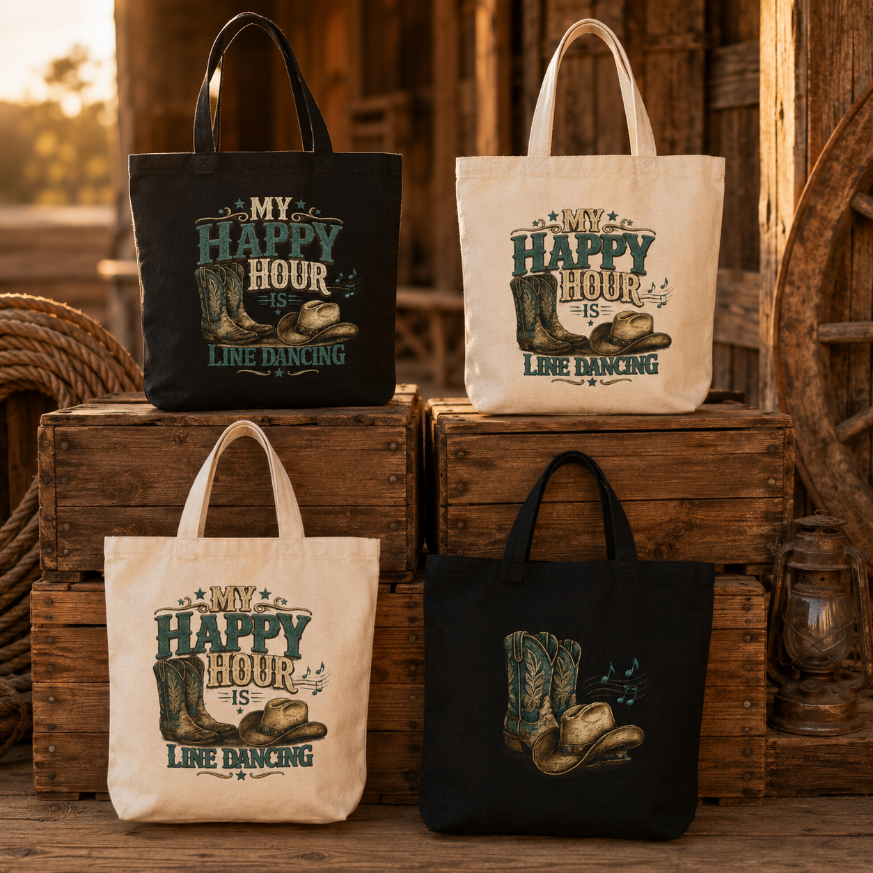 My Happy Hour Is Line Dancing Tote Bag | Western Canvas Tote | Country Dance Bag | Cowgirl Boots & Hat Market Tote | Step Culture Collective