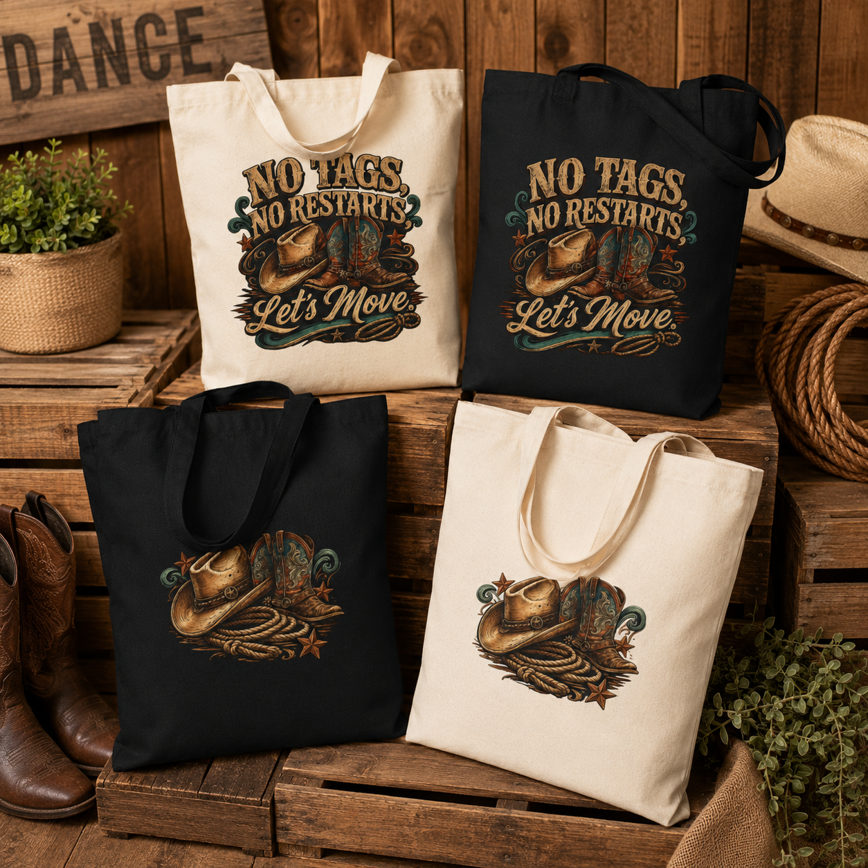 Four tote bags with cowboy-themed designs on a wooden background