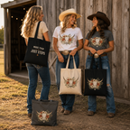 Long Horn Skull & Floral Line Dancing Tote Bag - 100% Cotton Eco-Friendly Carryall