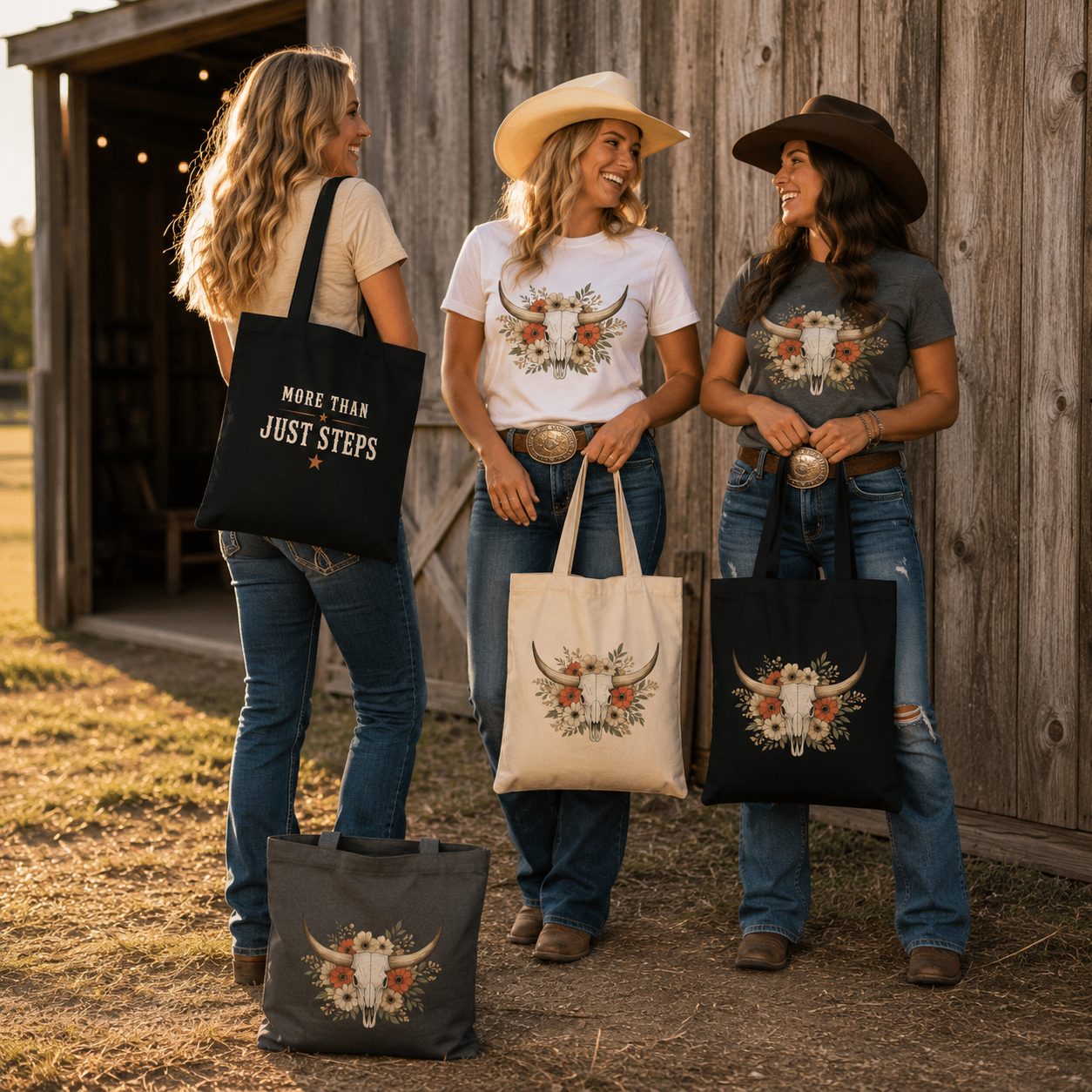 Long Horn Skull & Floral Line Dancing Tote Bag - 100% Cotton Eco-Friendly Carryall